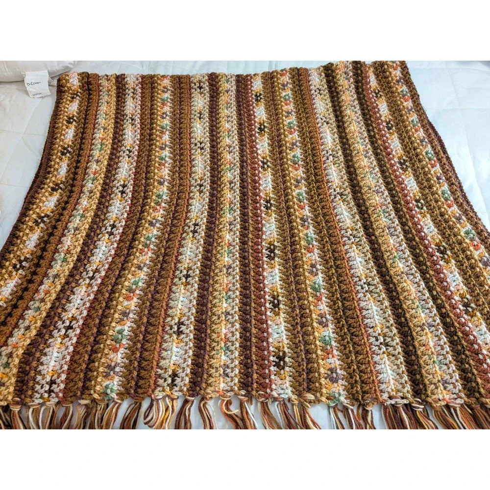 Crochet Afghan Throw Stripe Fall Colors‎ Orange/Green/Brown 66 X 34 Handmade